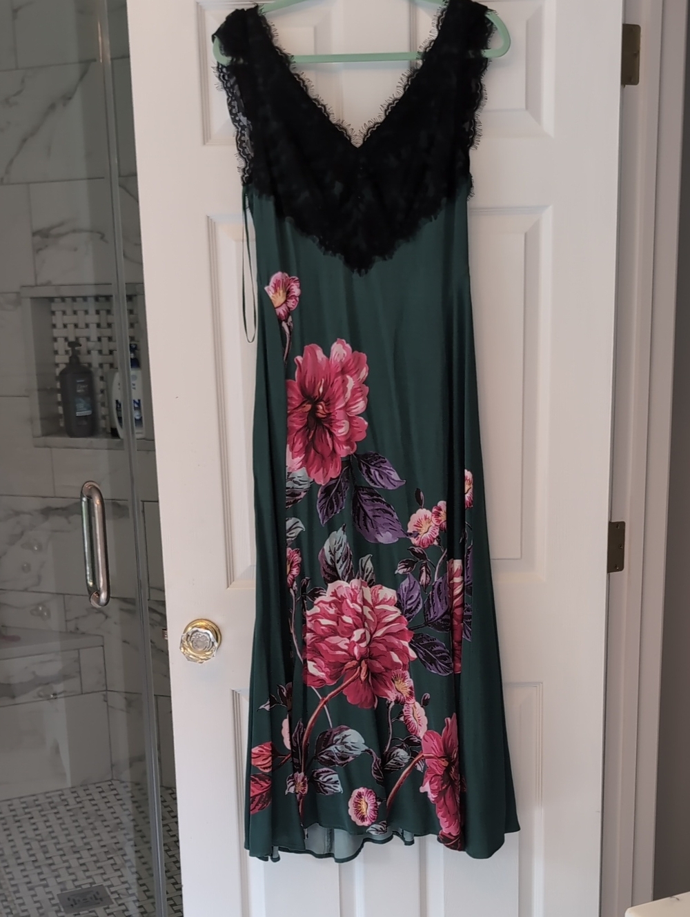 Anthropologie Green Maxi Dress with Pink Floral Print and Black Lace Trim